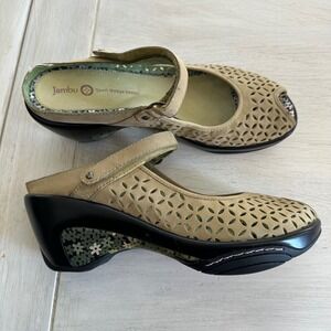 Jambu Encore Women's Green Leather Cutout Peep Toe Sport Wedge Sandals Shoe 9.5M